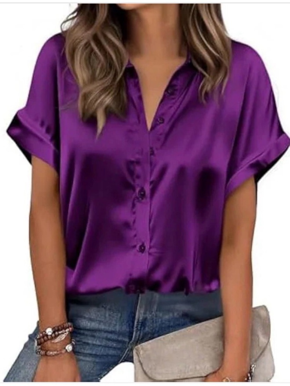 Satin Button-Down Blouse in Purple